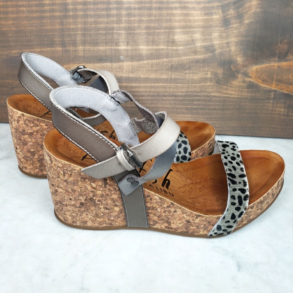 Blowfish Gray and Cream Cork Wedge Sandals with Leopard Strap